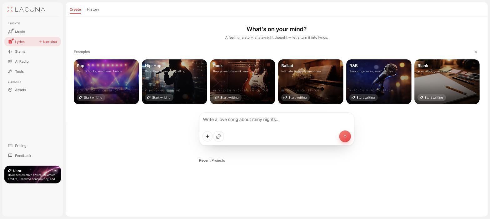 Screenshots of the live Lacuna web interface: the AI Lyrics Generator, the AI Song Generator in Music Agent mode, and the AI Song Generator custom form.
