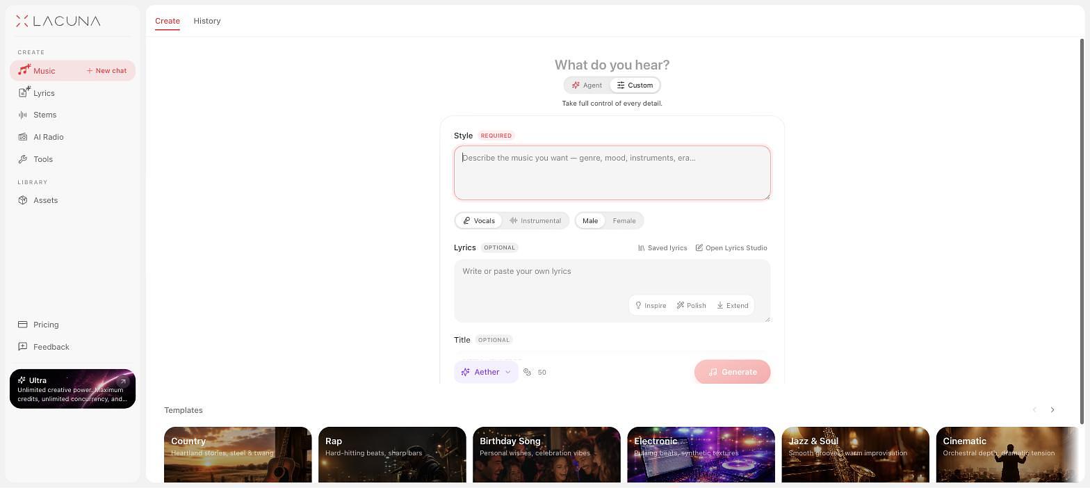 Screenshots of the live Lacuna web interface: the AI Lyrics Generator, the AI Song Generator in Music Agent mode, and the AI Song Generator custom form. — image 3