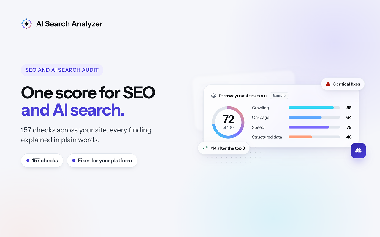 AI Search Analyzer report screens: AI answers from ChatGPT, Gemini, Claude and Perplexity side by side, the site score, competitors AI recommends, and AI crawler access. — image 2