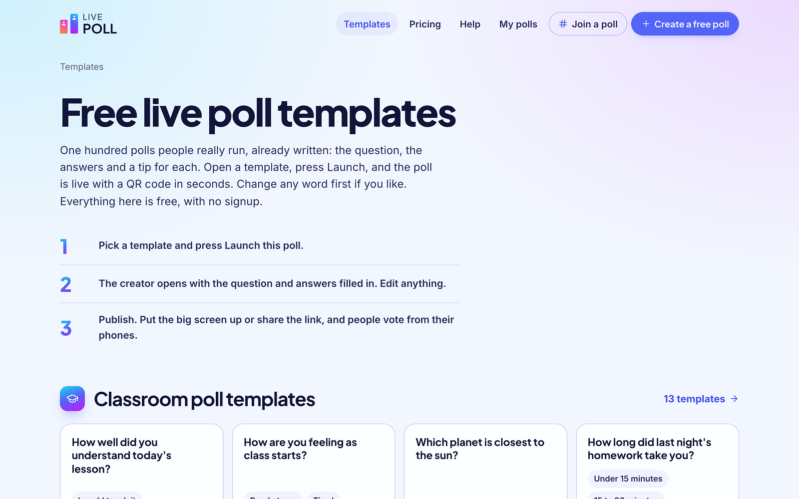 LivePoll screens: live results on the big screen, the poll creator, and the template library. — image 3