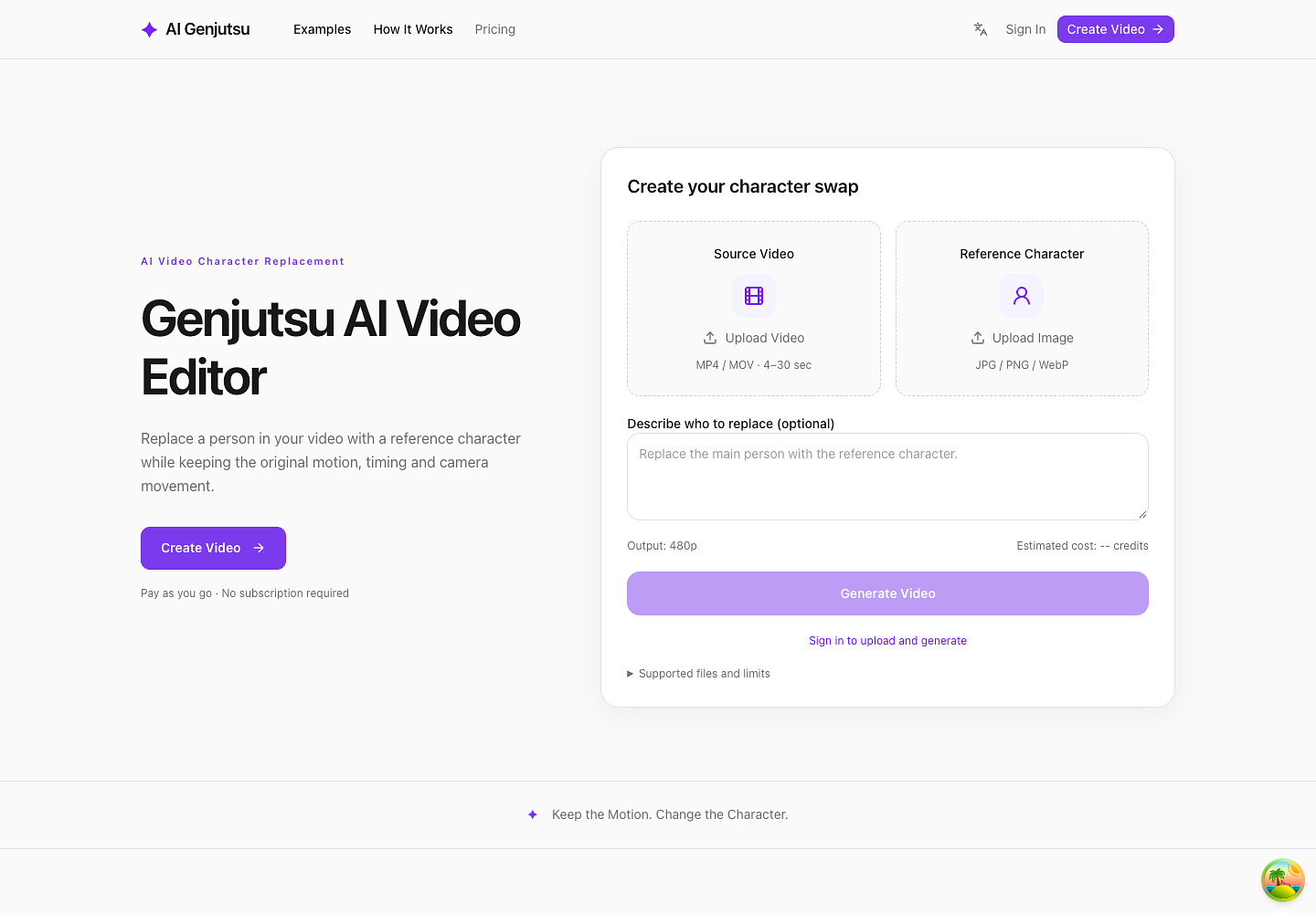 The desktop product interface showing source-video upload, reference-character upload, editing instructions and the generation button.