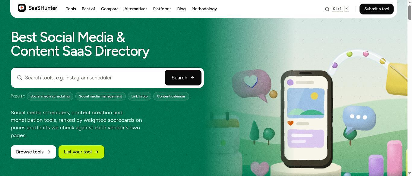 Screenshot of the SaaSHunter home page: the heading "Best Social Media & Content SaaS Directory", a tool search box with popular searches, and Browse tools and List your tool buttons beside an illustrated phone.