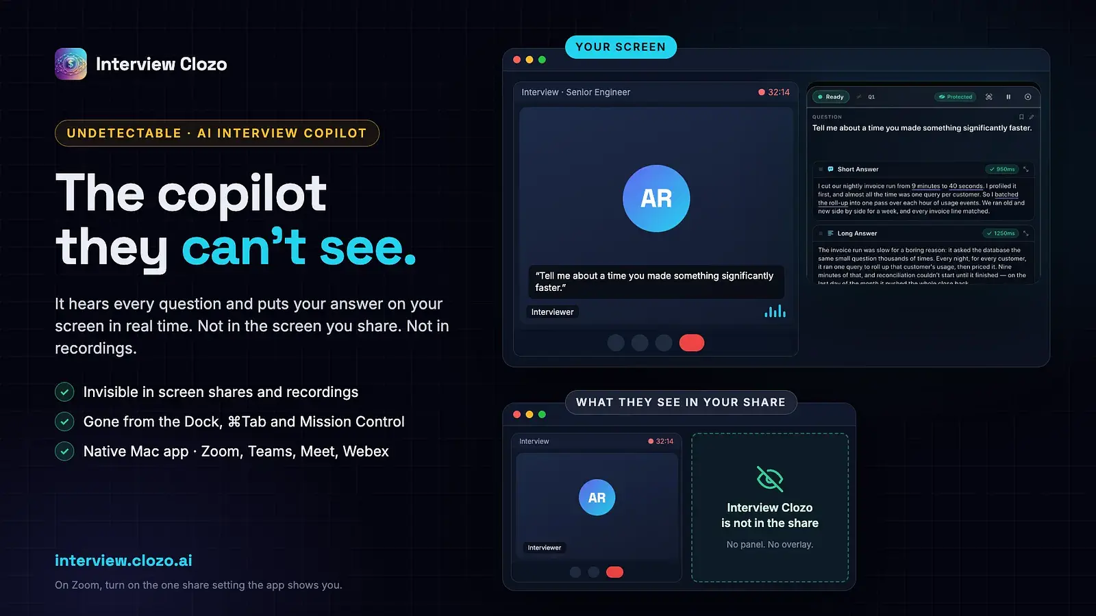 The Interview Clozo app on Mac showing the private assistance panel with live AI-generated interview answers.