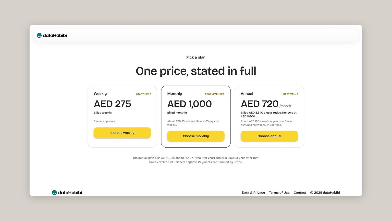The dataHabibi home page with Dubai building prices and forecasts, and the pricing page with the Pro plans. — image 2