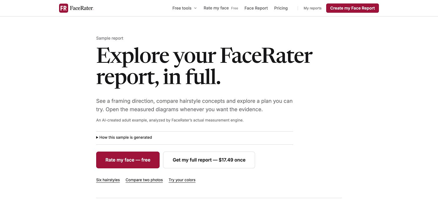 Actual public homepage, an illustrated sample report using the labeled adult example portrait, and the free attractiveness-test upload screen. The sample is a demonstration, not a customer result. — image 2