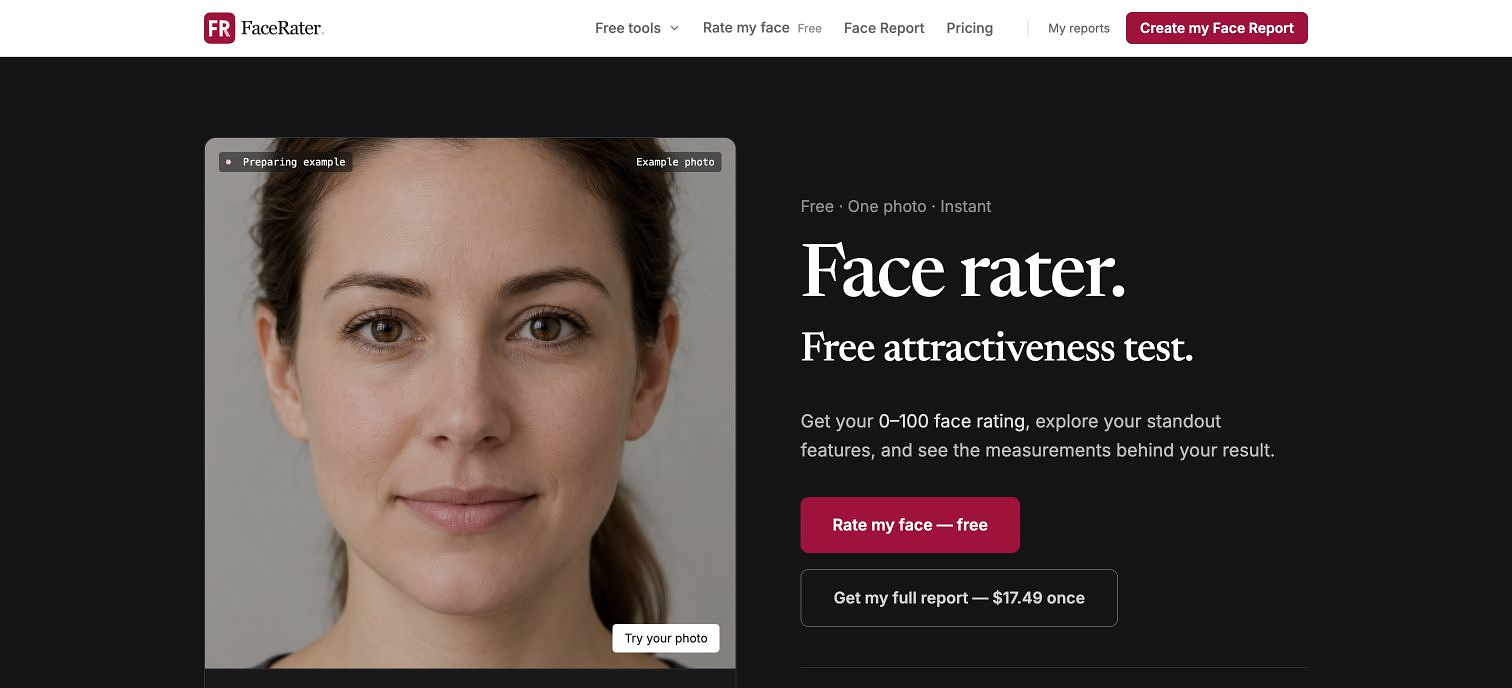 Actual public homepage, an illustrated sample report using the labeled adult example portrait, and the free attractiveness-test upload screen. The sample is a demonstration, not a customer result.