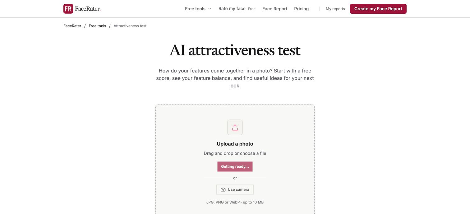 Actual public homepage, an illustrated sample report using the labeled adult example portrait, and the free attractiveness-test upload screen. The sample is a demonstration, not a customer result. — image 3