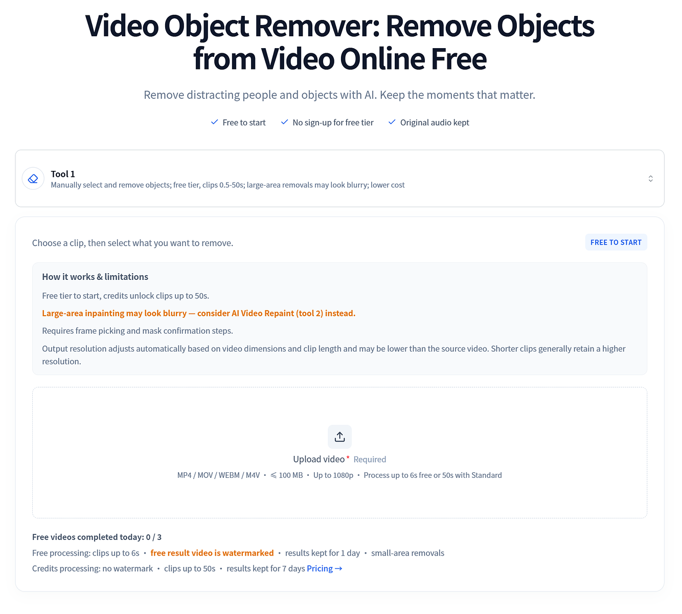 The English homepage of Video Object Remover, showing the video upload area, object-removal workflow and supported video formats.