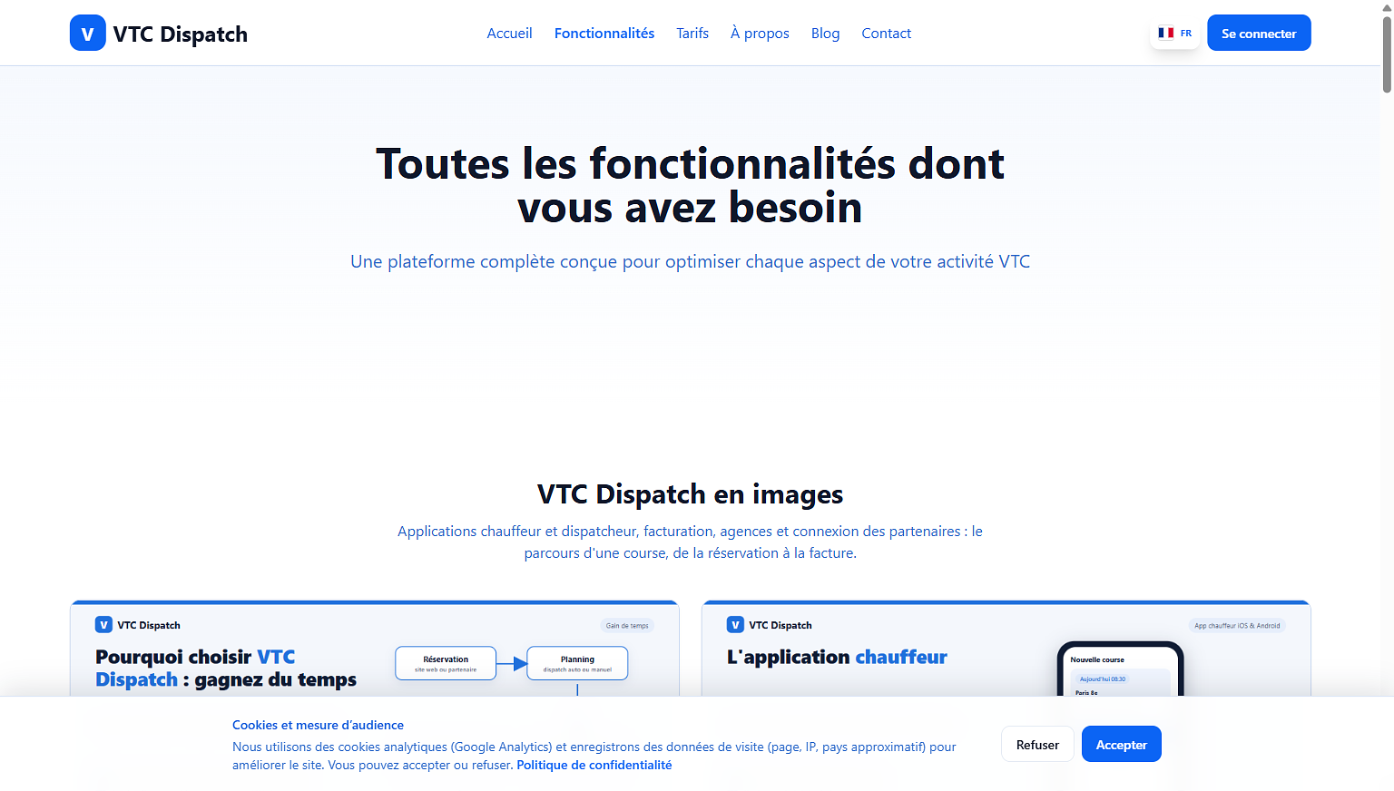 Homepage, pricing plans, and feature overview of the VTC Dispatch fleet management platform. — image 3