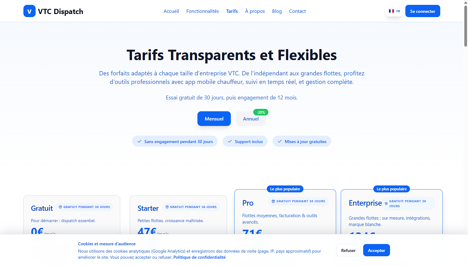 Homepage, pricing plans, and feature overview of the VTC Dispatch fleet management platform. — image 2