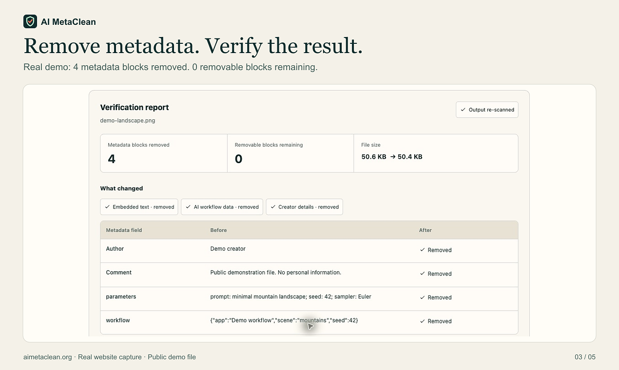 Two real interface captures with explanatory headings, using a public demo landscape PNG with synthetic metadata and no personal information. The first shows four detected metadata fields and Original output mode. The second shows the cleaning report: four metadata blocks removed, zero supported removable blocks remaining, and before-and-after metadata values. These illustrate one demo file, not a guarantee for every image. — image 2