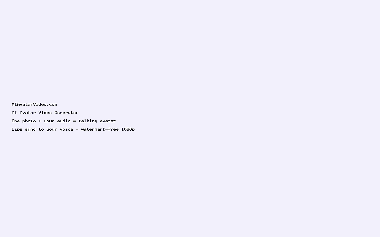 Homepage and three-step flow of AI Avatar Video Generator: one photo upload, voice audio, watermark-free MP4 output.